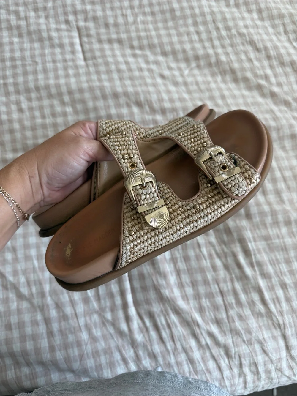 Steve Madden Beige Woven Double-Buckle Slide Sandals